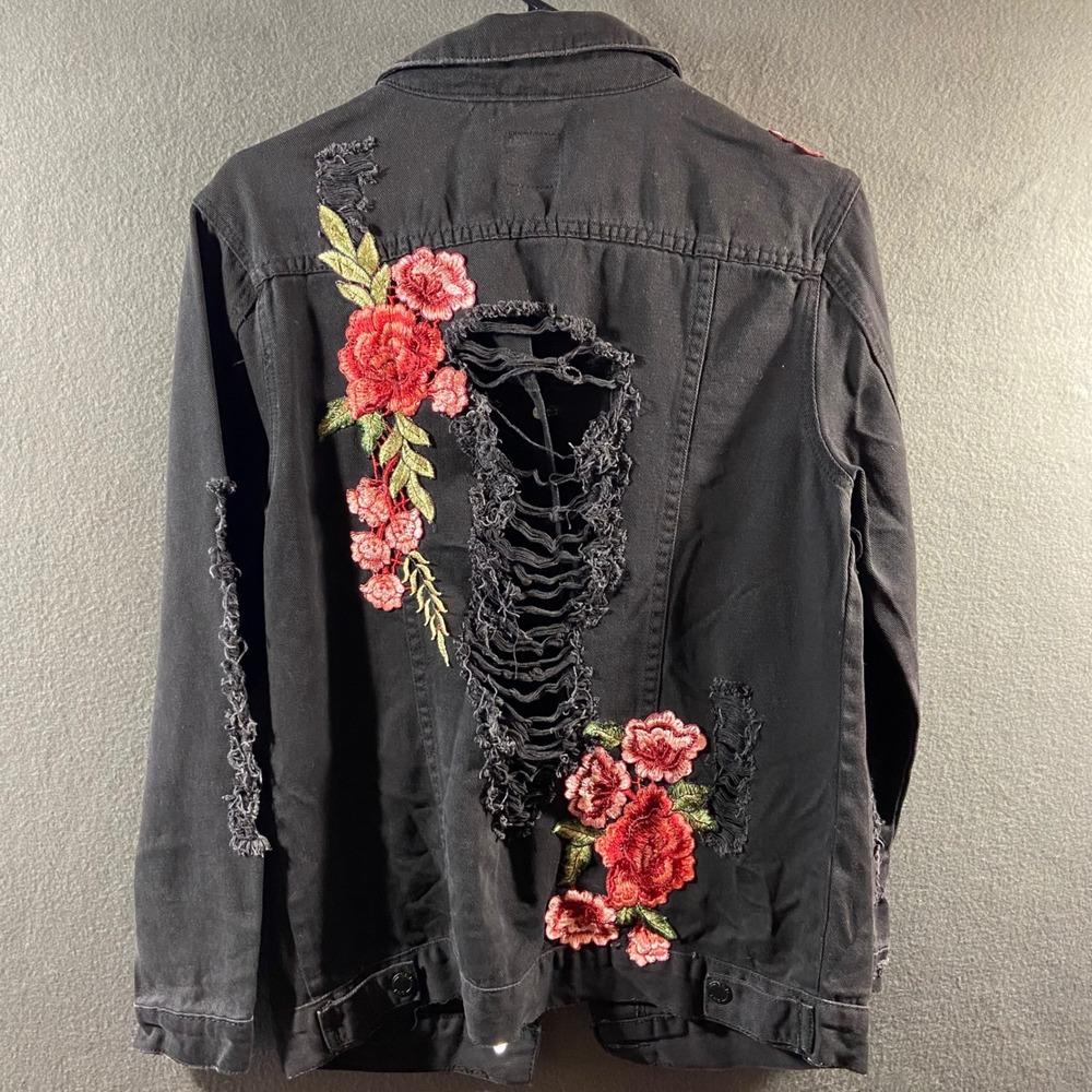 distressed black denim jean jacket small embroidered floral boho festival